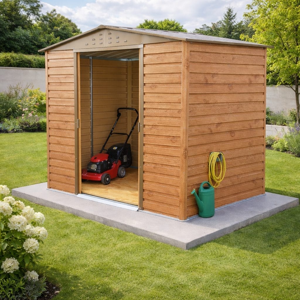 AAlpine 8x6 WoodGrain Brown Steel Shed - CoolaLiving.ie - %image_id%